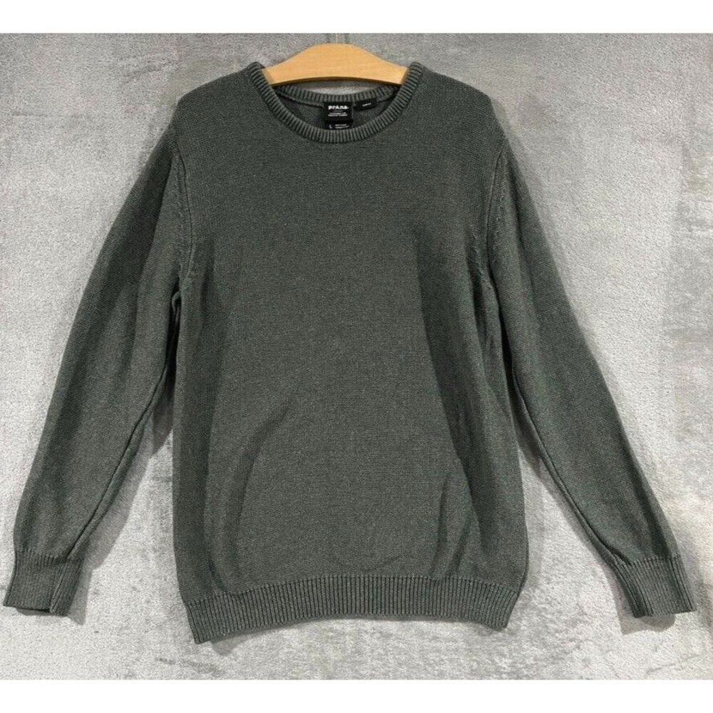 Prana Sweater Mens Large Green Crew Neck Slim Fit Organic Cotton Pullover Knit